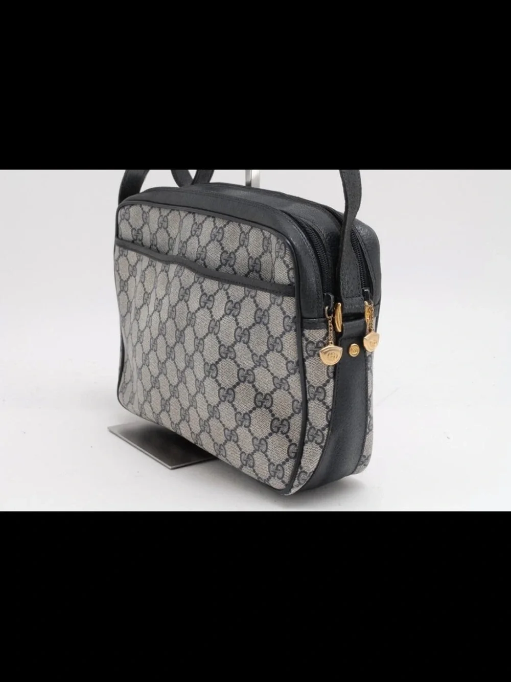 Gucci Navy GG Supreme Messenger Bag with Red-Green Stripe